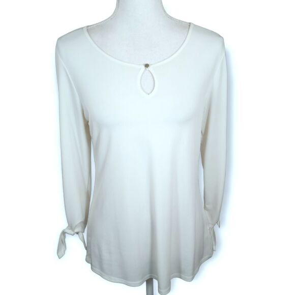 KIM RODGERS CREAM/WHITE TIE SLEEVE TOP SZ.S EUC - Picture 1 of 5